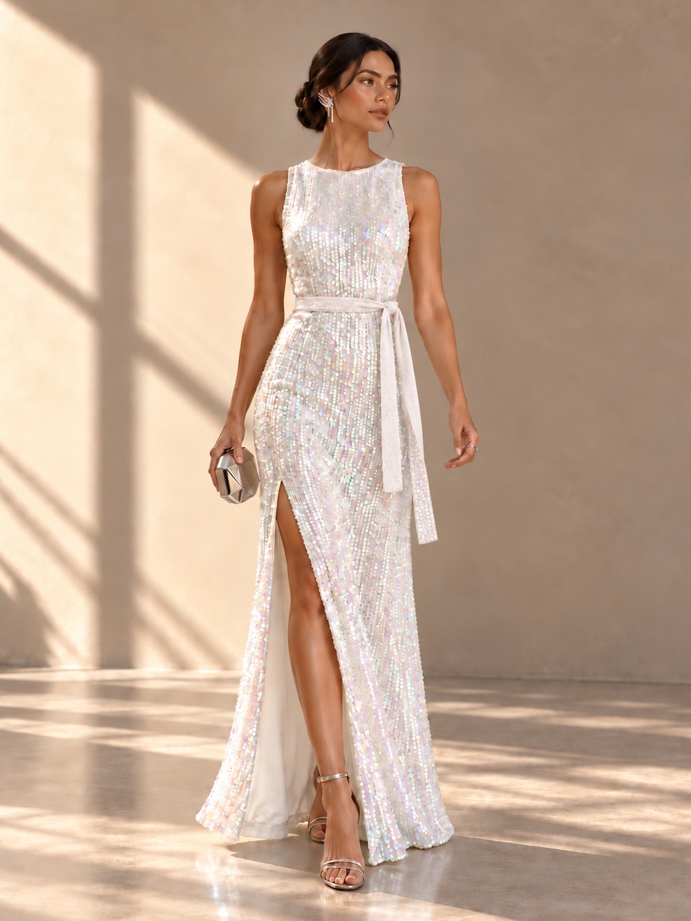 Retrofête Tzilly White Iridescent Sequin Maxi Gown High Slit Pearly White NWT L